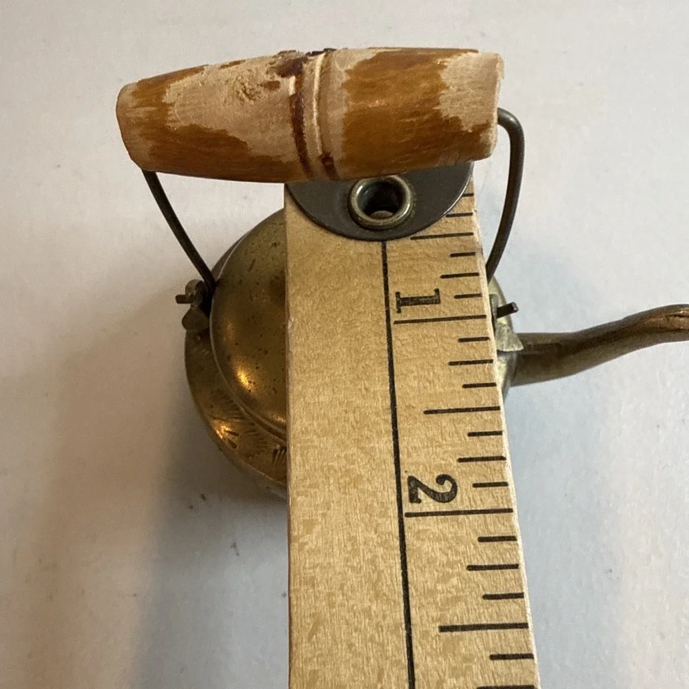 Vintage Miniature Brass Teapot Etched Wood Handle Dollhouse Collectible India